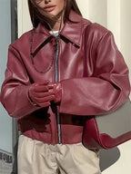 Women's Oversized Biker Jacket with Faux Leather Finish and Zip Front