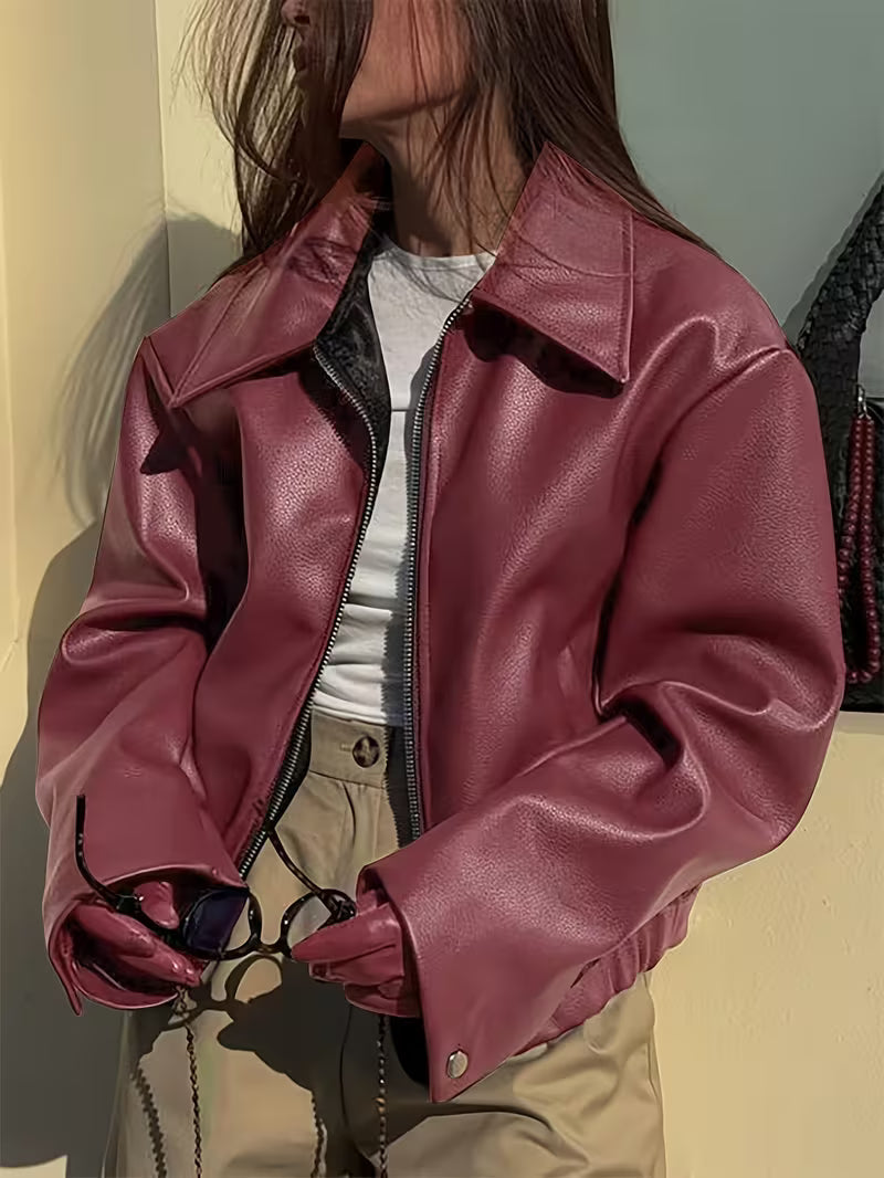 Women's Oversized Biker Jacket with Faux Leather Finish and Zip Front