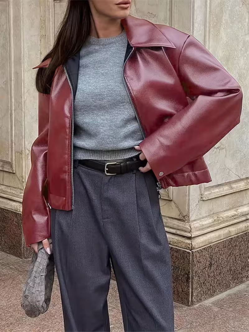 Women's Oversized Biker Jacket with Faux Leather Finish and Zip Front