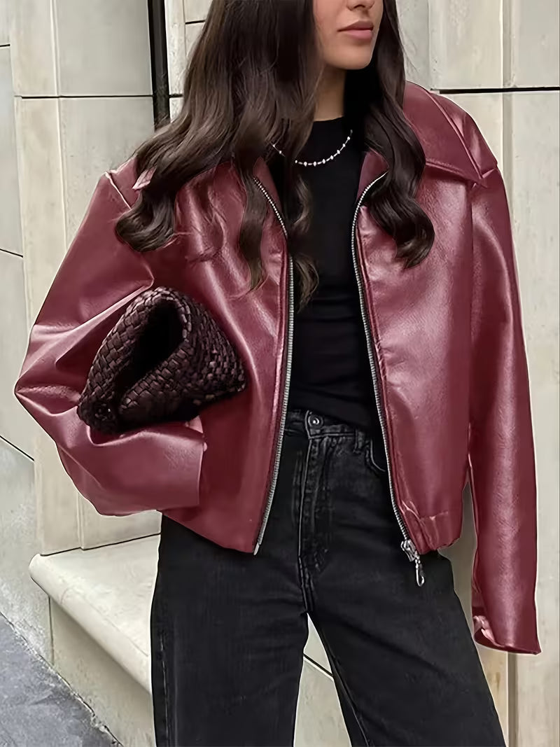 Women's Oversized Biker Jacket with Faux Leather Finish and Zip Front