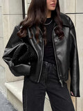 Women's Oversized Biker Jacket with Faux Leather Finish and Zip Front