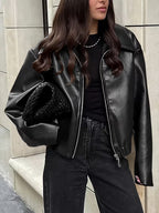 Women's Oversized Biker Jacket with Faux Leather Finish and Zip Front