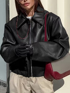 Women's Oversized Biker Jacket with Faux Leather Finish and Zip Front