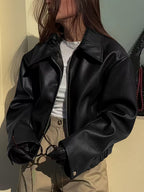 Women's Oversized Biker Jacket with Faux Leather Finish and Zip Front
