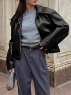 Women's Oversized Biker Jacket with Faux Leather Finish and Zip Front