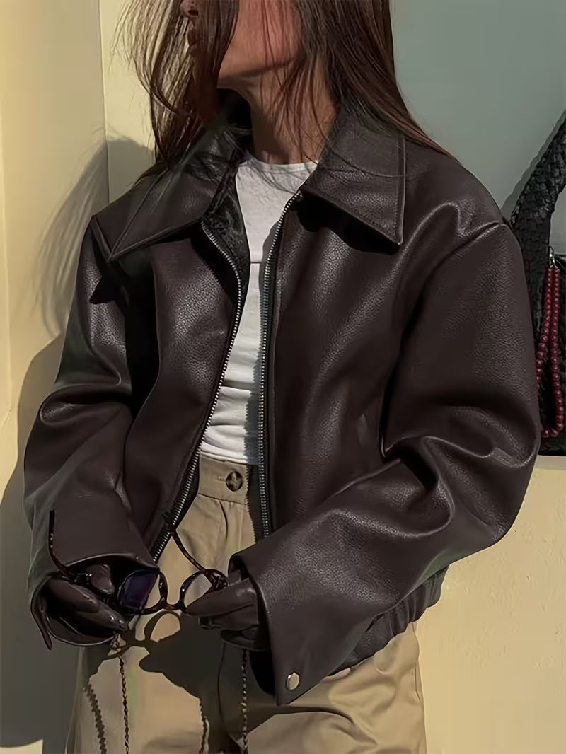 Women's Oversized Biker Jacket with Faux Leather Finish and Zip Front