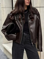 Women's Oversized Biker Jacket with Faux Leather Finish and Zip Front