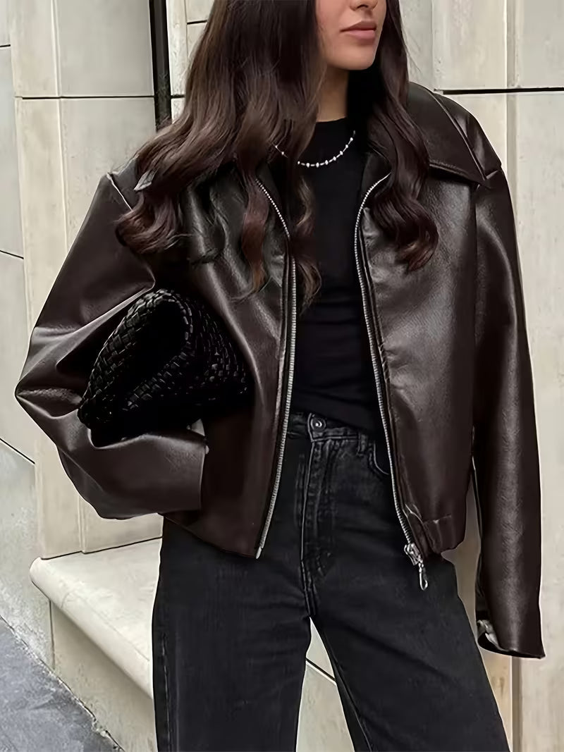 Women's Oversized Biker Jacket with Faux Leather Finish and Zip Front