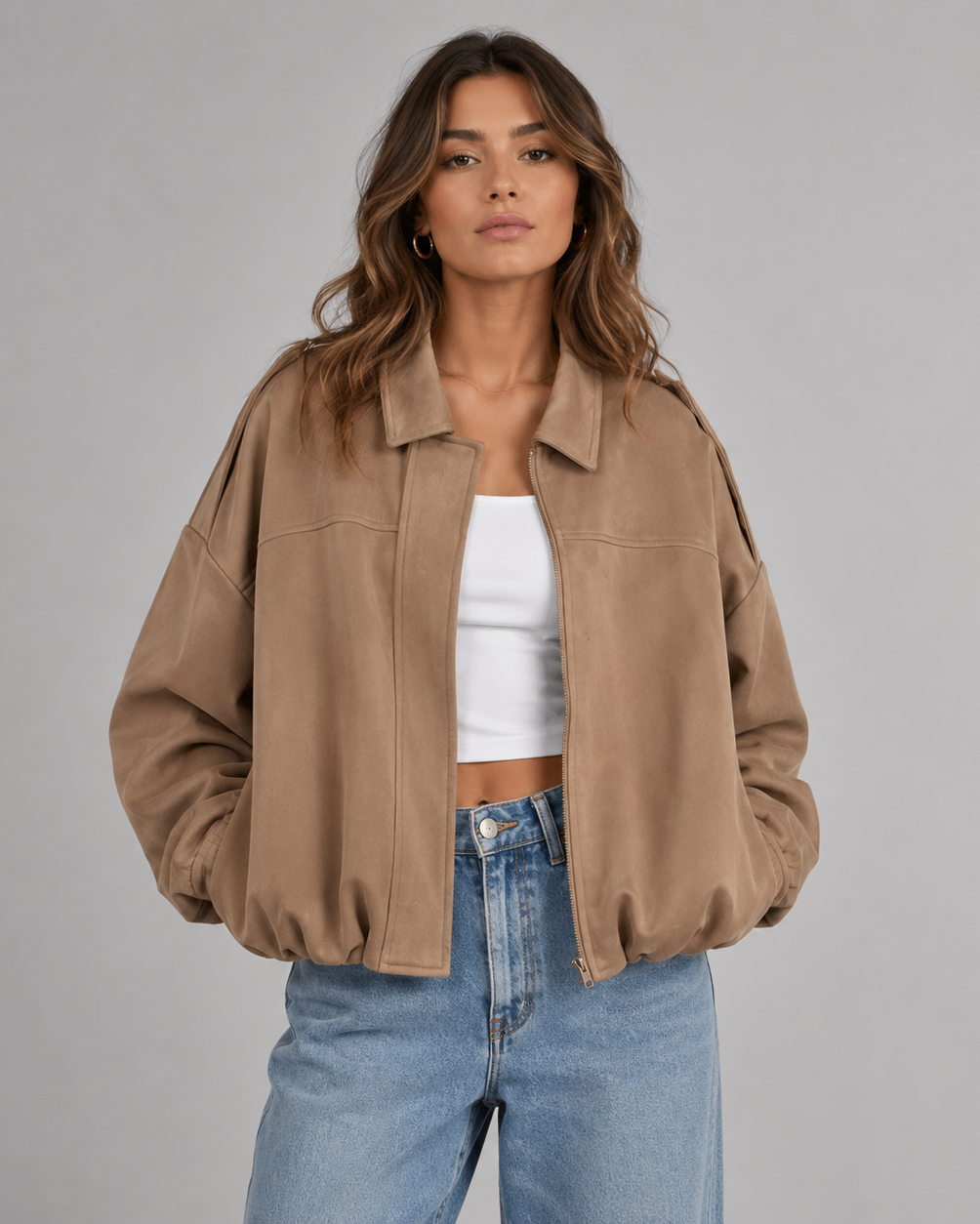 Women's Oversized Bomber Jacket with Collar and Zip Front