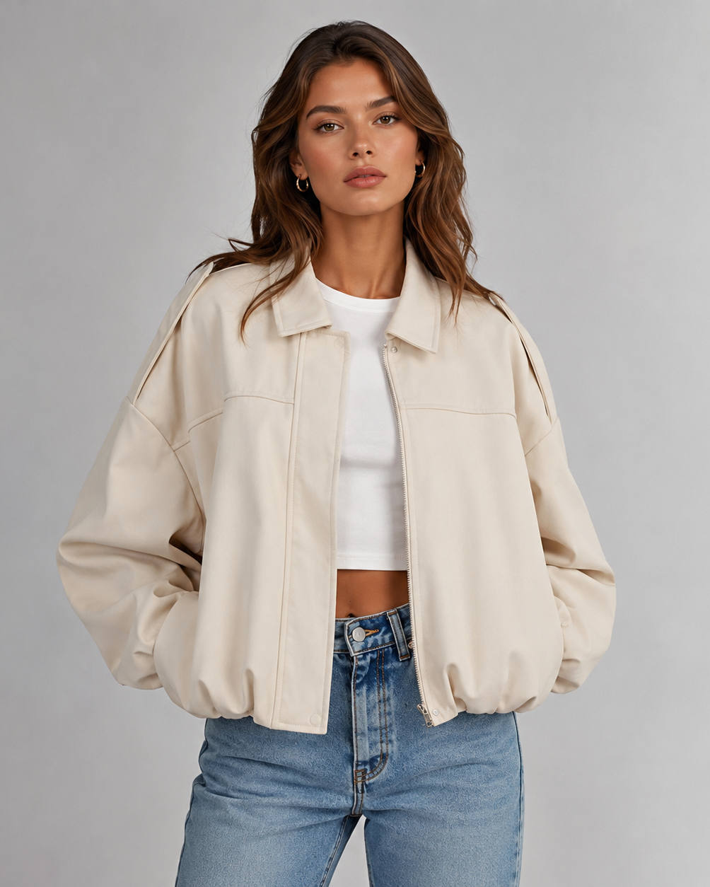 Women's Oversized Bomber Jacket with Collar and Zip Front