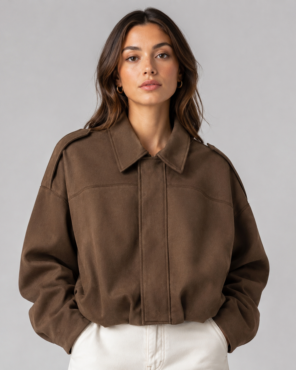 Women's Oversized Bomber Jacket with Collar and Zip Front