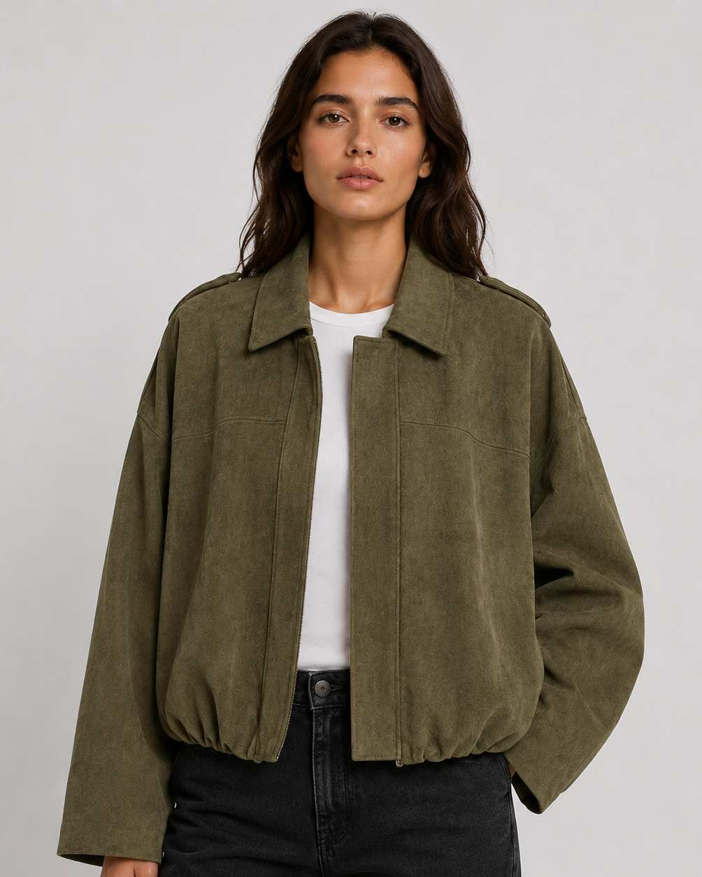 Women's Oversized Bomber Jacket with Collar and Zip Front