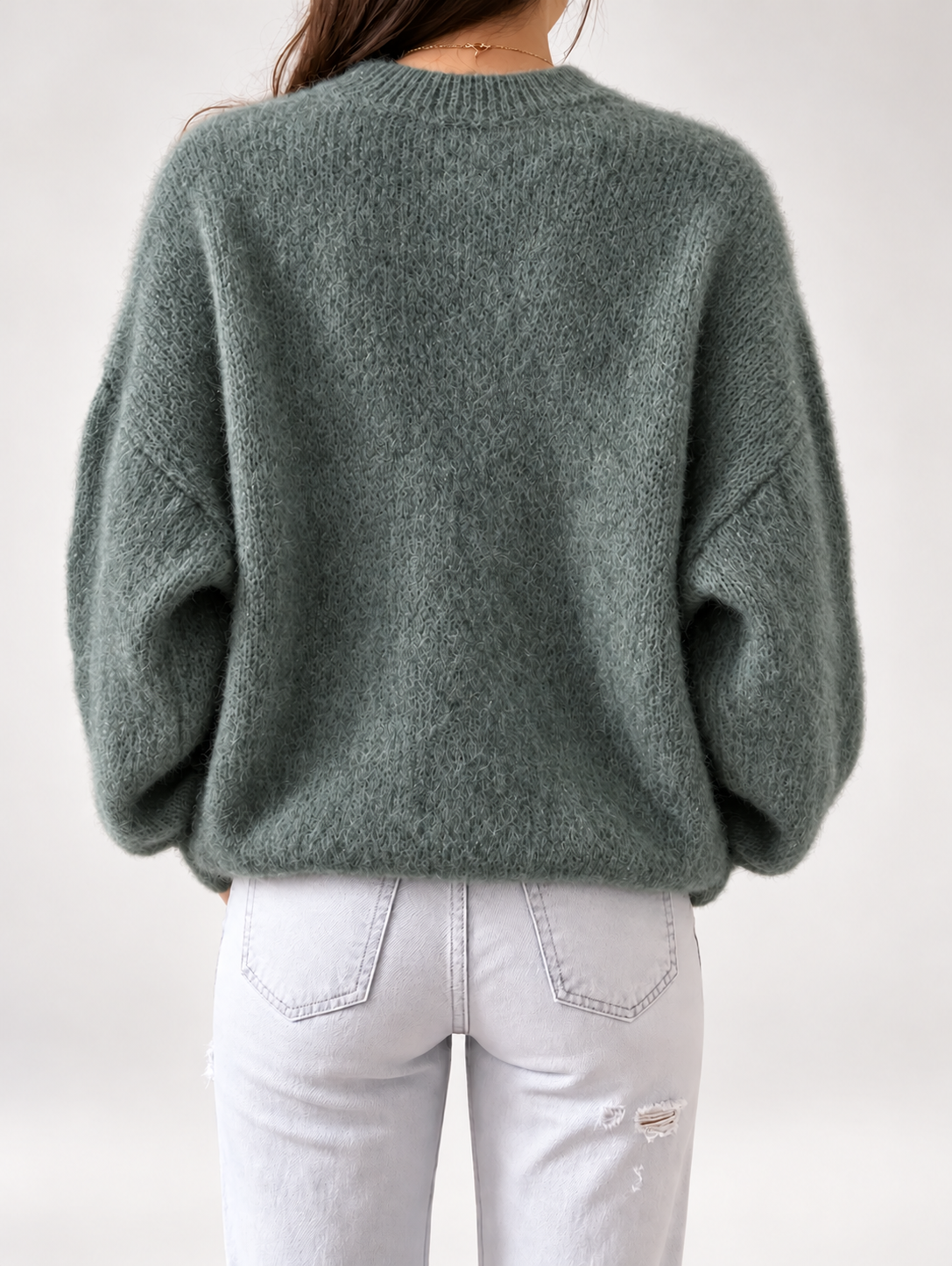 Green women's knitted crew neck jumper — studio view 2