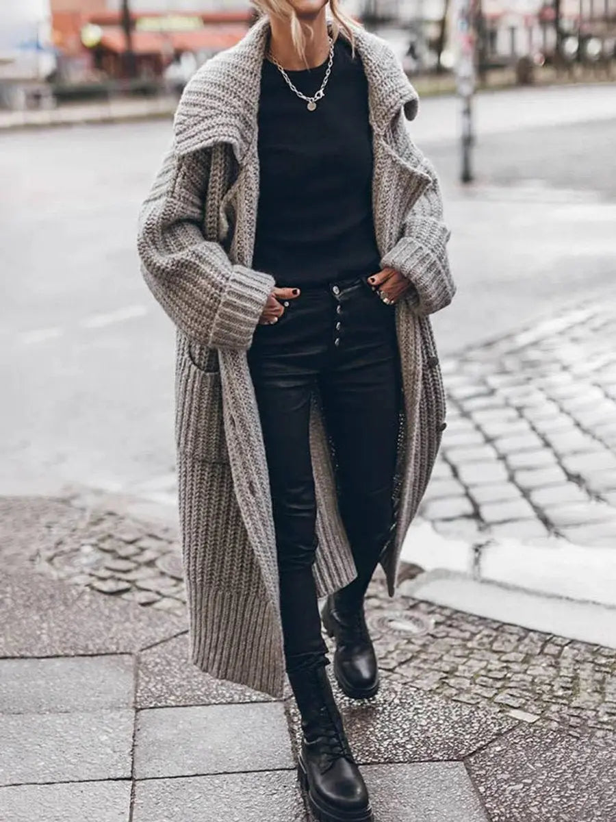 Women's Chunky Cable Knit Longline Cardigan with Lapel Collar