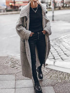 Women's Chunky Cable Knit Longline Cardigan with Lapel Collar