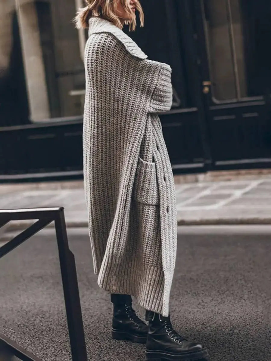 Women's Chunky Cable Knit Longline Cardigan with Lapel Collar
