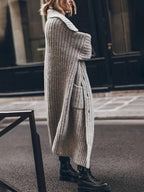 Women's Chunky Cable Knit Longline Cardigan with Lapel Collar