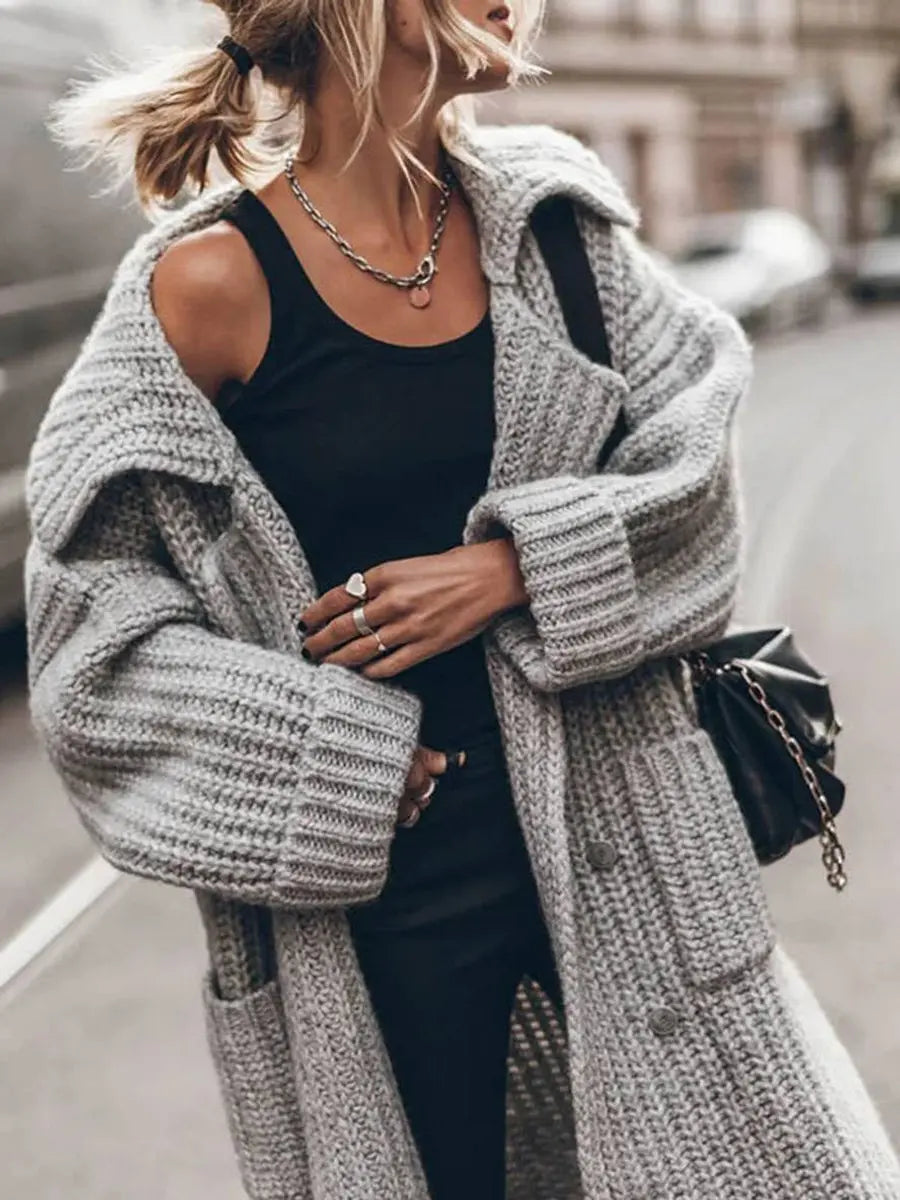 Women's Chunky Cable Knit Longline Cardigan with Lapel Collar