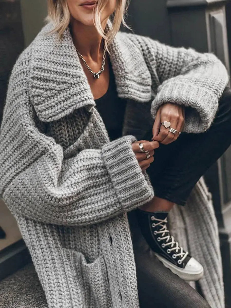 Women's Chunky Cable Knit Longline Cardigan with Lapel Collar