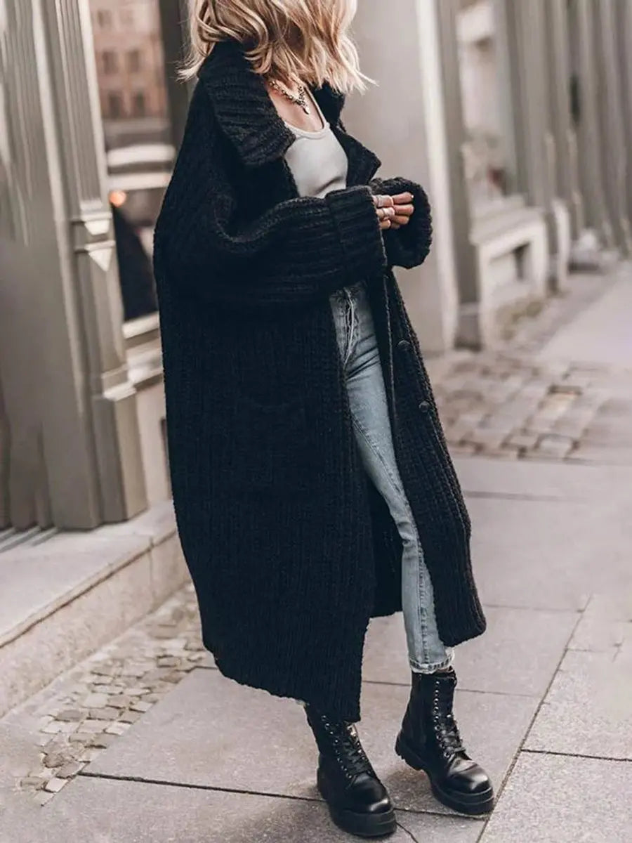 Women's Chunky Cable Knit Longline Cardigan with Lapel Collar