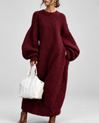 Women's Oversized Chunky Knit Maxi Jumper Dress with Balloon Sleeves in Burgundy – Front View