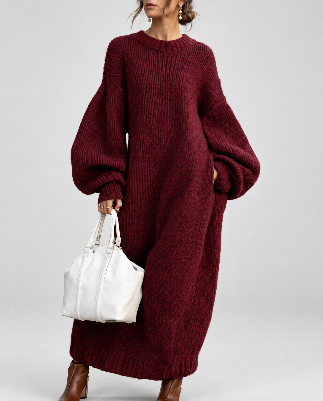 Women's Oversized Chunky Knit Maxi Jumper Dress with Balloon Sleeves in Burgundy – Front View