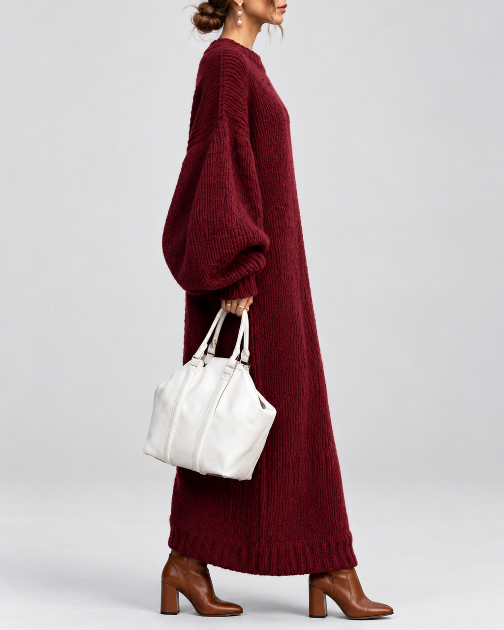 Women's Oversized Chunky Knit Maxi Jumper Dress with Balloon Sleeves