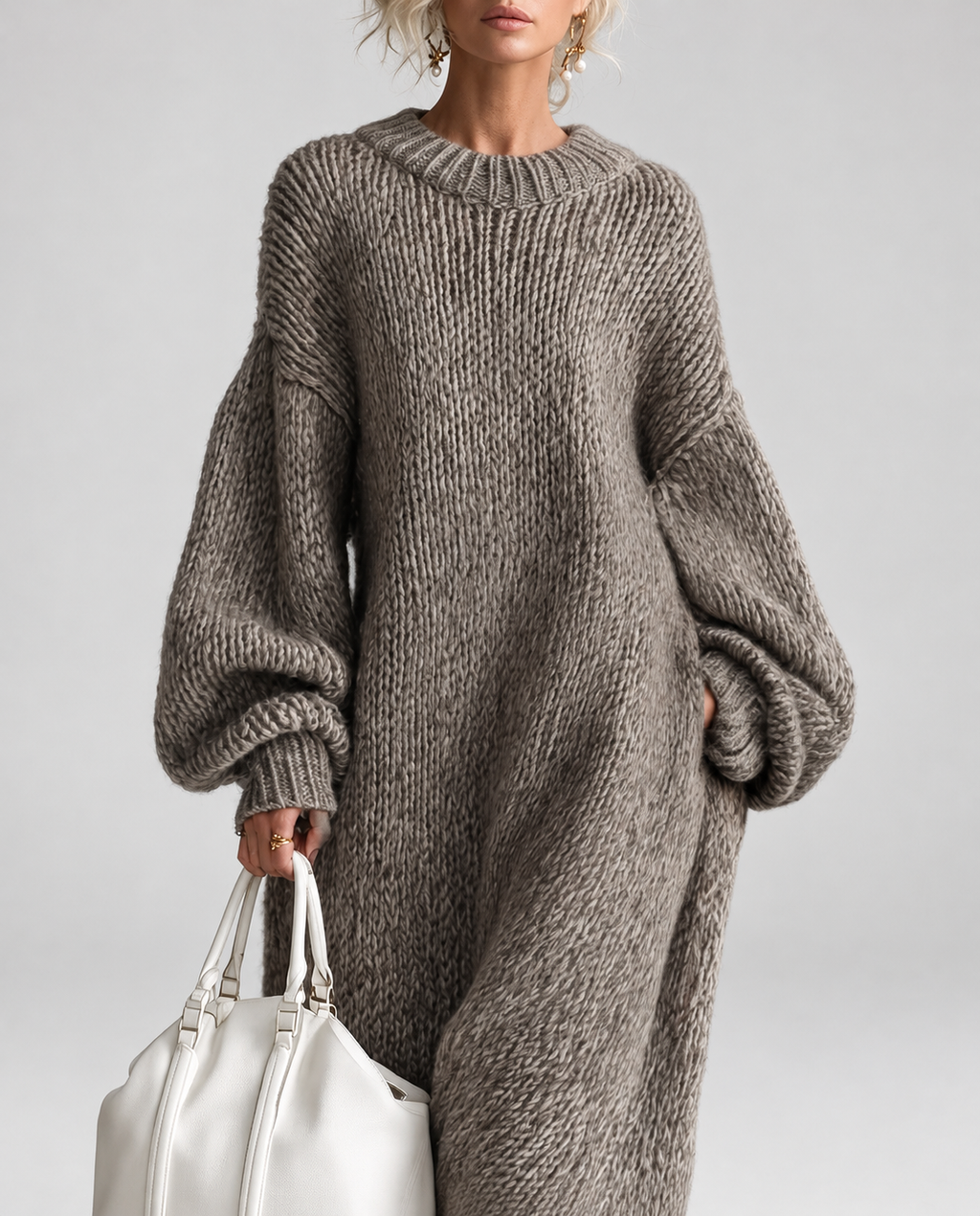 Women's Oversized Chunky Knit Maxi Jumper Dress with Balloon Sleeves in Grey – Front View
