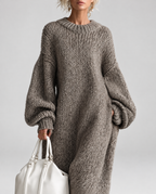 Women's Oversized Chunky Knit Maxi Jumper Dress with Balloon Sleeves in Grey – Front View
