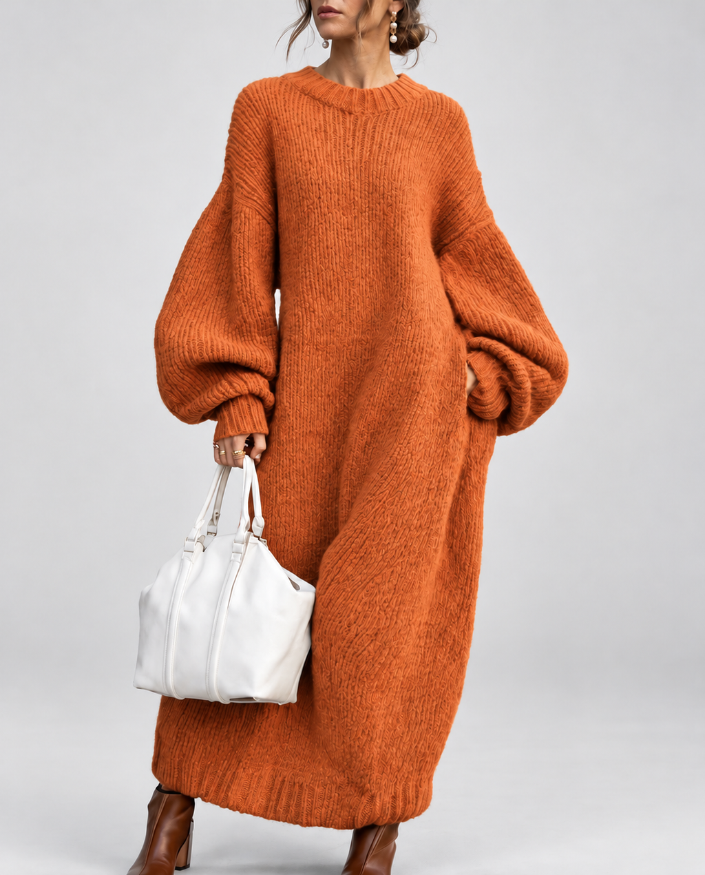 Women's Oversized Chunky Knit Maxi Jumper Dress with Balloon Sleeves