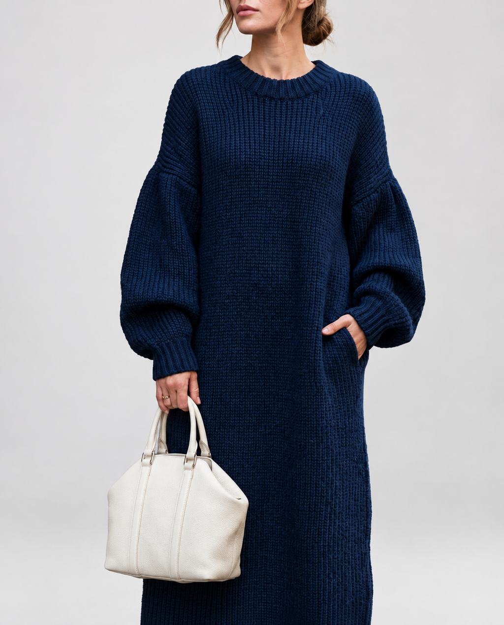 Women's Oversized Chunky Knit Maxi Jumper Dress with Balloon Sleeves in Navy Blue – Front View