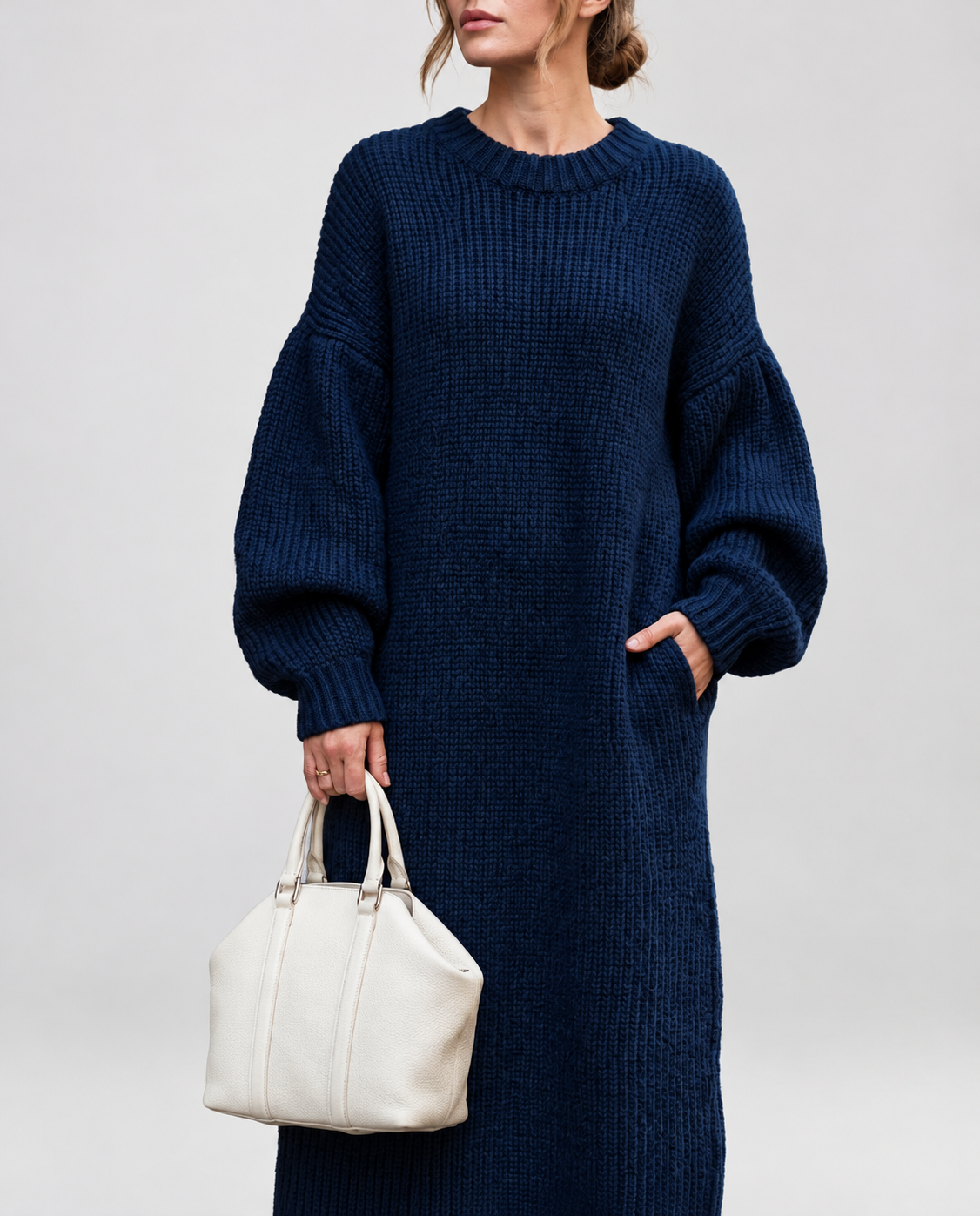 Women's Oversized Chunky Knit Maxi Jumper Dress with Balloon Sleeves in Navy Blue – Front View