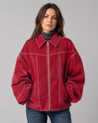 Women's Oversized Collared Zip Front Jacket with Contrast Stitch