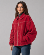 Women's Oversized Collared Zip Front Jacket with Contrast Stitch