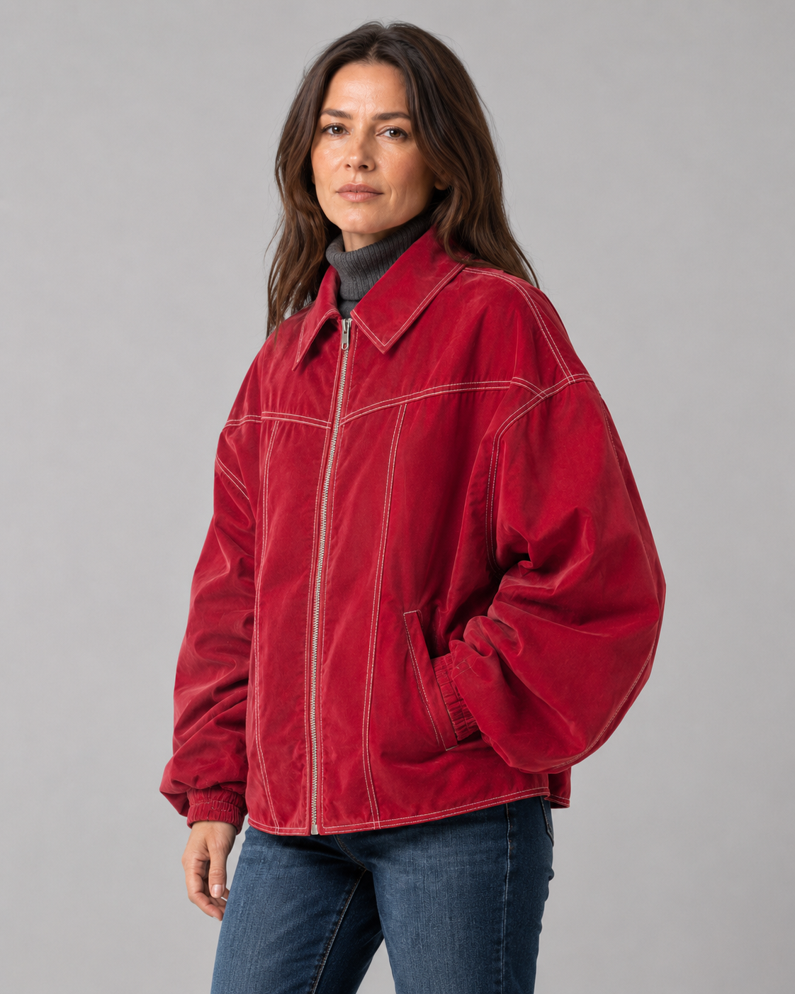Women's Oversized Collared Zip Front Jacket with Contrast Stitch
