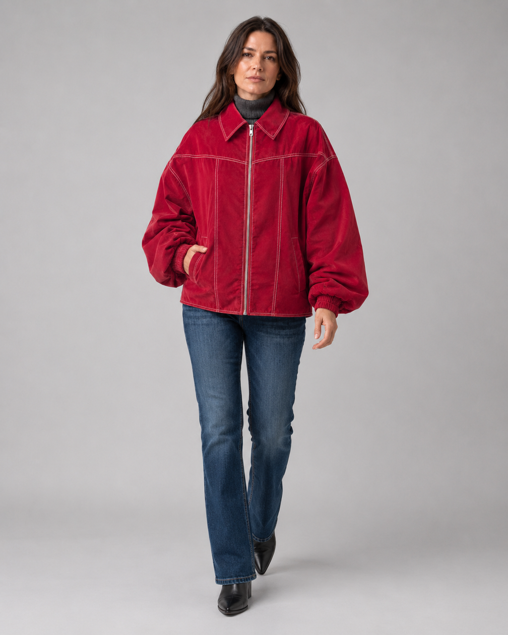 Women's Oversized Collared Zip Front Jacket with Contrast Stitch