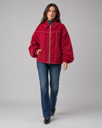 Women's Oversized Collared Zip Front Jacket with Contrast Stitch