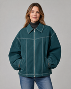 Women's Oversized Collared Zip Front Jacket with Contrast Stitch