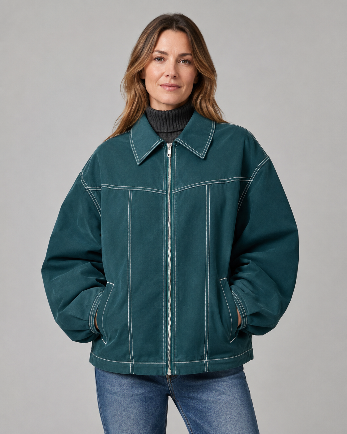 Women's Oversized Collared Zip Front Jacket with Contrast Stitch