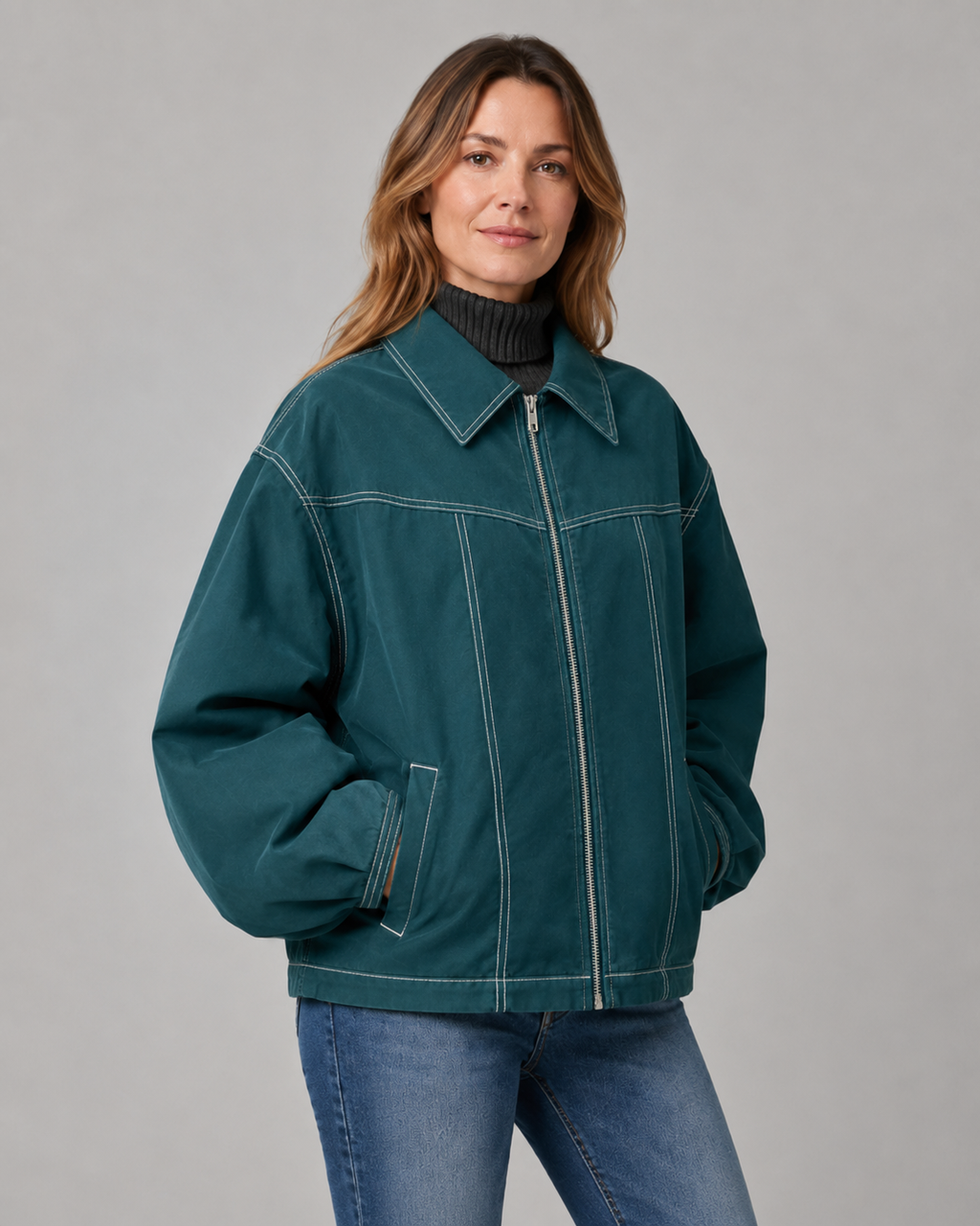 Women's Oversized Collared Zip Front Jacket with Contrast Stitch