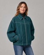 Women's Oversized Collared Zip Front Jacket with Contrast Stitch