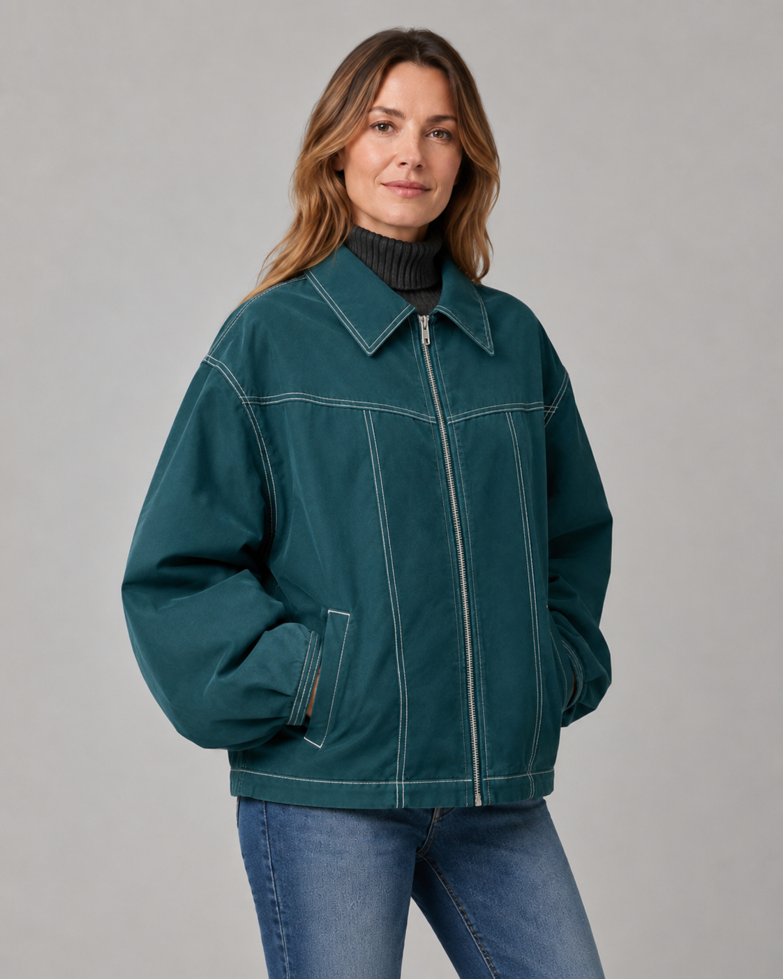 Women's Oversized Collared Zip Front Jacket with Contrast Stitch