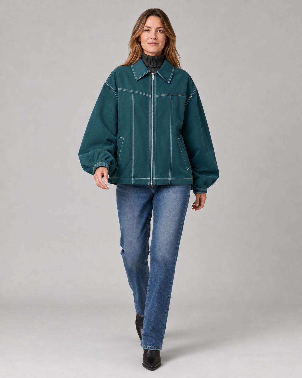 Women's Oversized Collared Zip Front Jacket with Contrast Stitch