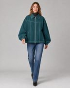 Women's Oversized Collared Zip Front Jacket with Contrast Stitch