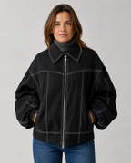 Women's Oversized Collared Zip Front Jacket with Contrast Stitch