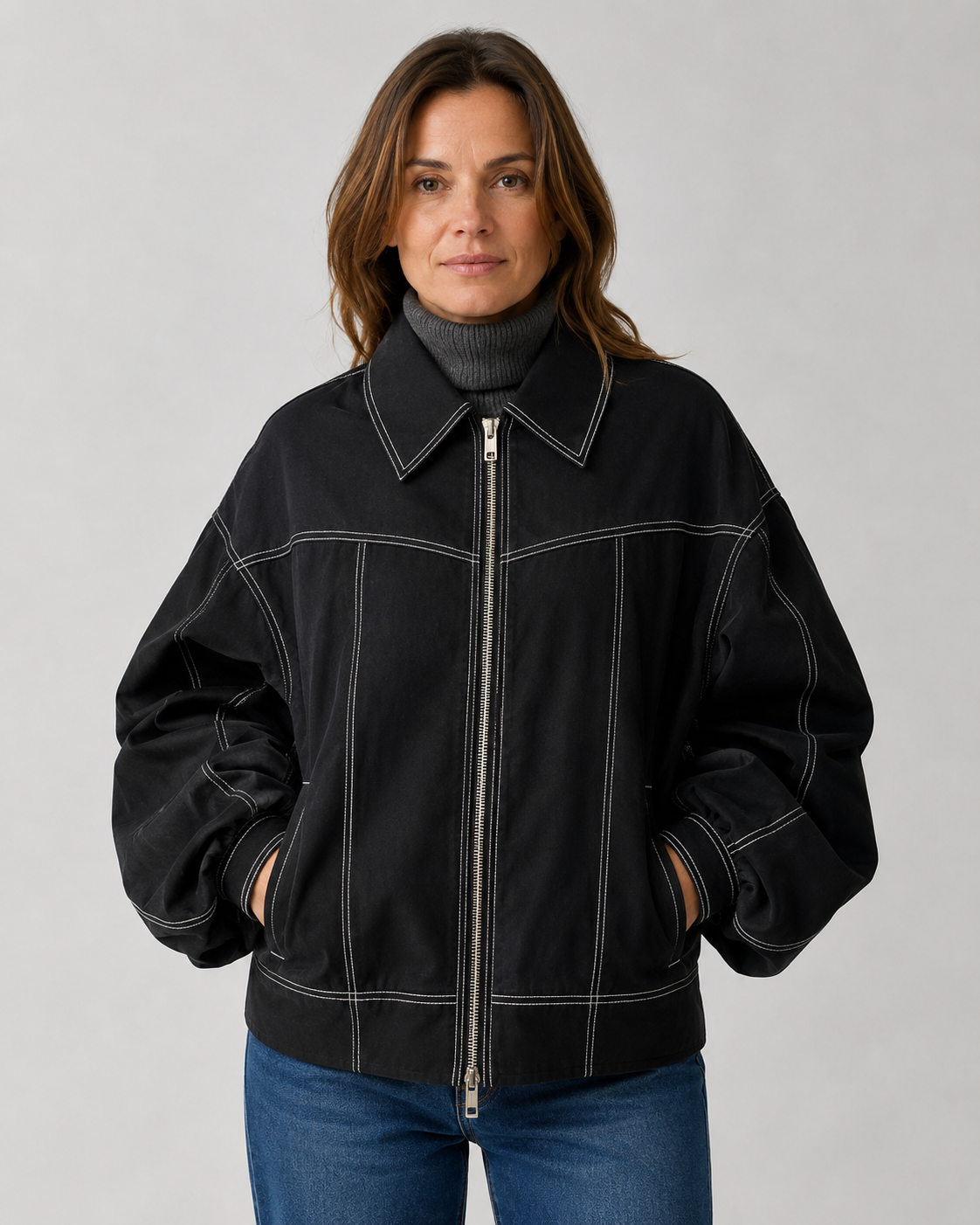 Women's Oversized Collared Zip Front Jacket with Contrast Stitch