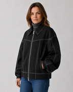 Women's Oversized Collared Zip Front Jacket with Contrast Stitch