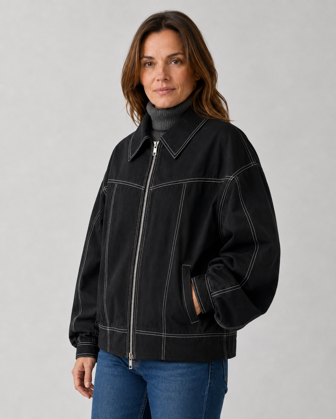 Women's Oversized Collared Zip Front Jacket with Contrast Stitch