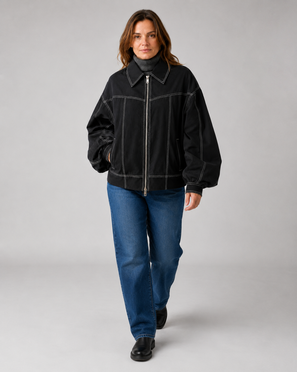 Women's Oversized Collared Zip Front Jacket with Contrast Stitch
