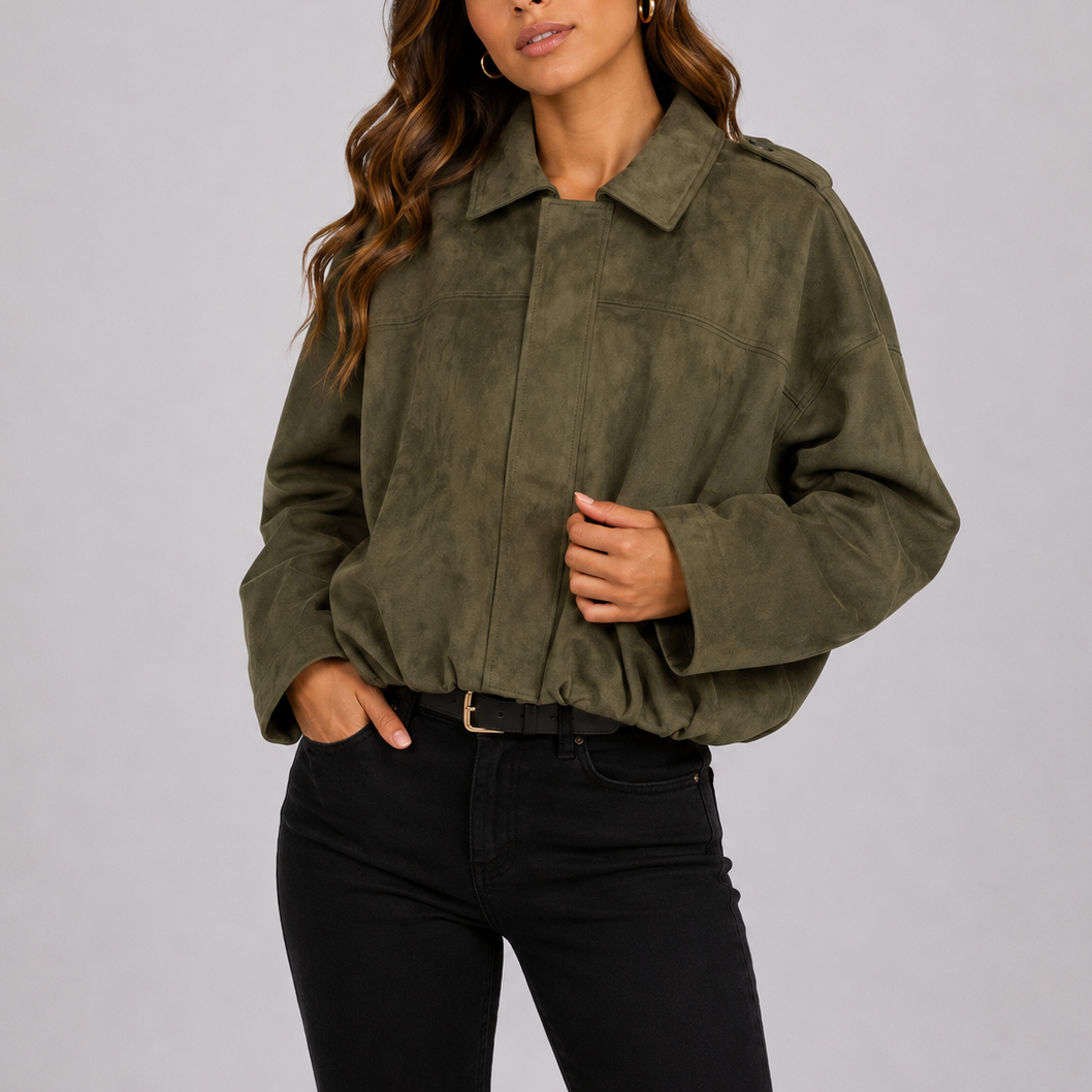 Women's Oversized Cropped Bomber Jacket with Collar